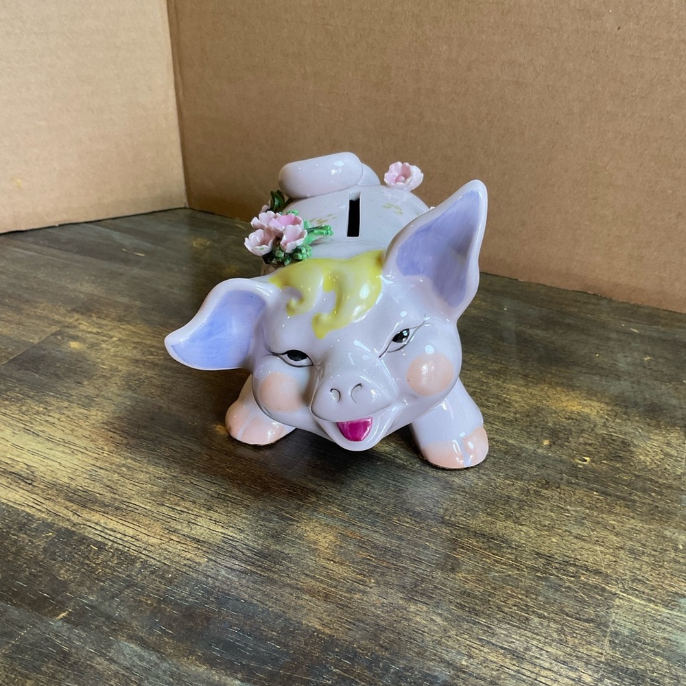 Vintage Lefton China Piggy Bank Pink Pig w/ Applied Flowers Hand Painted Japan - Picture 2 of 10